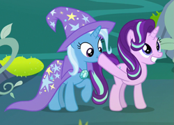 Size: 665x480 | Tagged: safe, derpibooru import, screencap, starlight glimmer, trixie, pony, unicorn, to change a changeling, boop, cape, clothes, cropped, cute, duo, grin, hat, raised hoof, scrunchy face, smiling, trixie's cape, trixie's hat