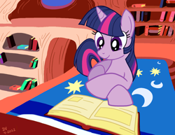 Size: 825x638 | Tagged: safe, artist:latecustomer, derpibooru import, twilight sparkle, unicorn twilight, pony, unicorn, bed, book, bookshelf, female, golden oaks library, mare, prone, reading, smiling, solo