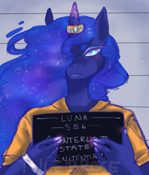 Size: 1019x1200 | Tagged: safe, artist:jupltercandy, princess luna, anthro, clothes, frown, hair over one eye, horn ring, looking at you, magic suppression, mugshot, prison outfit, project: csp, solo