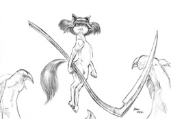 Size: 1500x1045 | Tagged: safe, artist:baron engel, apple bloom, earth pony, pony, semi-anthro, bow, female, filly, floating, grayscale, hair bow, looking at you, monochrome, now you fucked up, pencil drawing, scythe, serious, serious face, simple background, sketch, story in the source, traditional art, white background