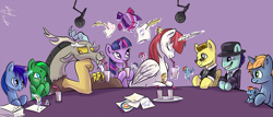 Size: 1633x700 | Tagged: safe, artist:atryl, derpibooru import, discord, twilight sparkle, oc, oc:fausticorn, oc:jade aurora, bronycon, interview, lauren faust, magic, ponified