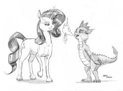 Size: 1400x1028 | Tagged: source needed, useless source url, safe, artist:baron engel, rarity, spike, dragon, pony, unicorn, candle, duo, female, grayscale, male, mare, monochrome, pencil drawing, simple background, traditional art, white background