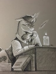 Size: 1100x1453 | Tagged: safe, artist:baron engel, oc, oc only, oc:spirited discource, oc:spirited discourse, pony, unicorn, candle, clothes, commission, fire, glasses, glow, grayscale, magic, male, monochrome, pencil drawing, shirt, simple background, solo, stallion, traditional art, vest