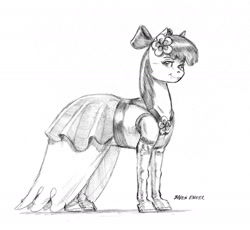 Size: 1400x1287 | Tagged: safe, artist:baron engel, apple bloom, earth pony, pony, bow, clothes, dress, female, filly, grayscale, hair bow, looking at you, monochrome, pencil drawing, simple background, sketch, smiling, solo, traditional art, white background