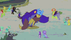 Size: 640x360 | Tagged: safe, derpibooru import, screencap, pharynx, starlight glimmer, thorax, trixie, changedling, changeling, maulwurf, pony, unicorn, to change a changeling, animated, biting, gif, ouch