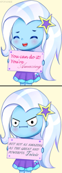 Size: 337x936 | Tagged: dead source, safe, artist:electricshine, derpibooru import, trixie, equestria girls, 2 panel comic, :d, :i, blushing, chibi, clothes, comic, cute, diatrixes, eyes closed, female, glare, looking at you, open mouth, sign, simple background, smiling, solo, tsundere, yellow background