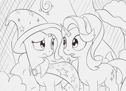 Size: 1192x864 | Tagged: safe, artist:dusthiel, derpibooru import, starlight glimmer, trixie, pony, unicorn, cape, clothes, female, grayscale, hat, looking at each other, mare, monochrome, trixie's cape, trixie's hat