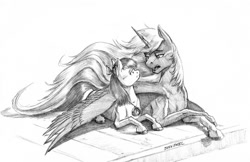 Size: 1500x972 | Tagged: safe, artist:baron engel, apple bloom, princess luna, alicorn, earth pony, pony, duo, female, grayscale, hug, mare, missing accessory, monochrome, pencil drawing, prone, simple background, story in the source, talking, traditional art, white background, wing blanket, winghug