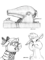 Size: 1100x1465 | Tagged: safe, artist:baron engel, apple bloom, oc, oc:stone mane, pony, armor, bfg, bow, cannon, colt, floppy ears, grayscale, hair bow, male, monochrome, older, pencil drawing, simple background, size difference, story included, traditional art, white background