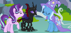 Size: 4142x1902 | Tagged: safe, artist:frownfactory, derpibooru import, pharynx, starlight glimmer, trixie, changeling, pony, unicorn, to change a changeling, .svg available, cape, clothes, female, hat, horn, male, mare, svg, transparent wings, trio, trixie's cape, trixie's hat, vector