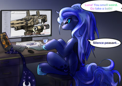 Size: 1000x705 | Tagged: safe, artist:foxi-5, princess luna, alicorn, pony, chair, computer, engineering, frown, glare, grumpy, laptop computer, mecha, messy mane, sitting, solidworks, solo