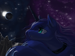 Size: 1024x768 | Tagged: safe, artist:chickhawk96, princess luna, alicorn, pony, crying, sad, solo, space