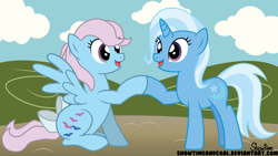 Size: 8000x4500 | Tagged: safe, artist:captshowtime, derpibooru import, trixie, wind whistler, pegasus, pony, unicorn, g1, absurd resolution, commission, digital, digital art, female, g1 to g4, generation leap, greeting, group, hoofbump, mare, vector