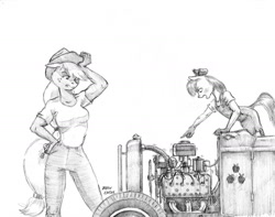 Size: 1400x1104 | Tagged: safe, artist:baron engel, apple bloom, applejack, anthro, earth pony, bow, car, clothes, cowboy hat, digital art, engine, female, filly, ford flathead v8, grayscale, hair bow, hat, jalopy, jeans, mare, monochrome, overalls, pants, pencil drawing, pointing, shirt, siblings, simple background, sisters, sketch, stetson, t-shirt, traditional art, white background