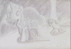 Size: 1900x1323 | Tagged: safe, artist:unlicensedbrony, derpibooru import, trixie, twilight sparkle, monochrome, traditional art