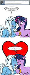 Size: 488x1197 | Tagged: safe, artist:dekomaru, derpibooru import, trixie, twilight sparkle, ask, female, heart, kissing, lesbian, shipping, tumblr, tumblr:ask twixie, twixie