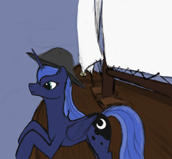 Size: 1024x952 | Tagged: safe, artist:antnoob, princess luna, alicorn, pony, airship, bicorne, captain luna, hat, s1 luna, solo, under a paper moon