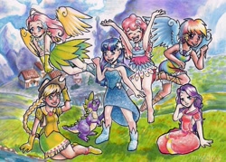 Size: 2018x1442 | Tagged: safe, artist:mikadove, derpibooru import, applejack, fluttershy, pinkie pie, rainbow dash, rarity, spike, twilight sparkle, clothes, dress, gala dress, horned humanization, humanized, mane seven, winged humanization