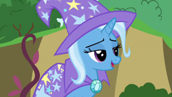 Size: 1280x720 | Tagged: safe, derpibooru import, screencap, trixie, pony, unicorn, to change a changeling, cape, clothes, female, hat, lidded eyes, mare, open mouth, solo, trixie's cape, trixie's hat