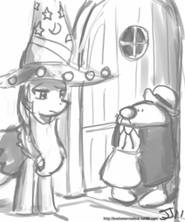 Size: 667x800 | Tagged: safe, artist:johnjoseco, derpibooru import, twilight sparkle, grayscale, homestar runner, homsar, monochrome, nightmare night