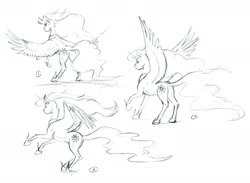 Size: 1400x1026 | Tagged: safe, artist:baron engel, princess celestia, alicorn, pony, female, mare, monochrome, pencil drawing, rear view, rearing, simple background, sketch, solo, spread wings, traditional art, white background, wings