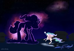 Size: 1600x1103 | Tagged: safe, artist:baron engel, princess celestia, princess luna, tantabus, alicorn, pony, big sister instinct, building, commission, female, magic, mare, night, protecting, raised hoof, rearing, royal sisters, signature, size difference, stars