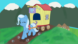 Size: 2560x1440 | Tagged: safe, artist:silk-locket, derpibooru import, trixie, pony, unicorn, female, happy, mare, smiling, solo, trixie's wagon, wagon