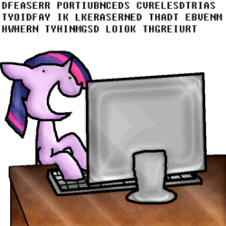 Size: 600x600 | Tagged: safe, artist:the weaver, derpibooru import, twilight sparkle, animated, computer, dexterous hooves, fixedsys, floppy ears, keyboard, monitor, open mouth, simple background, smiling, solo, typing, white background