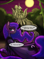 Size: 1440x1920 | Tagged: safe, artist:lumineko, nightmare moon, princess luna, alicorn, pony, bedroom eyes, blushing, female, looking at you, looking back, mare, moon, moonbutt, nightmare night, on side, open mouth, praise the moon, smiling, solo, speech bubble, statue, stupid sexy princess luna