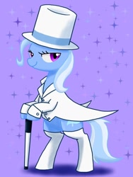 Size: 600x800 | Tagged: safe, artist:tebasaki, derpibooru import, trixie, pony, bipedal, cane, clothes, hat, pixiv, smiling, solo, stockings, suit, top hat