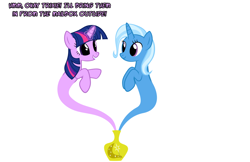 Size: 1050x682 | Tagged: safe, artist:navitaserussirus, derpibooru import, trixie, twilight sparkle, unicorn, cropped, female, genie, lesbian, mare, shipping, twixie