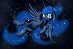 Size: 1600x1073 | Tagged: safe, artist:avizo-23, princess luna, alicorn, pony, floppy ears, flying, smiling, solo