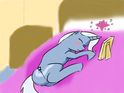 Size: 1024x768 | Tagged: safe, artist:neokiva, derpibooru import, trixie, pony, unicorn, bed, blushing, female, lesbian, mare, picture, shipping, sleeping, solo, twixie