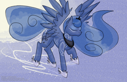 Size: 1530x990 | Tagged: safe, artist:rainbow-smashed, princess luna, alicorn, pony, eyes closed, flying, moon, solo