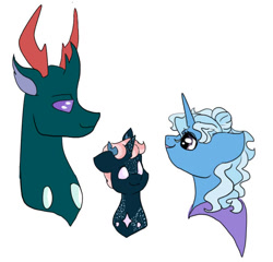 Size: 654x627 | Tagged: safe, artist:arirain, derpibooru import, pharynx, trixie, oc, changedling, changeling, changepony, hybrid, pony, unicorn, to change a changeling, crack shipping, eye contact, female, foal, looking at each other, male, mare, offspring, parent:pharynx, parent:trixie, parents:phartrix, phartrix, prince pharynx, shipping, stallion