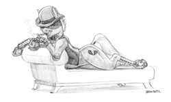 Size: 1500x895 | Tagged: safe, artist:baron engel, oc, oc only, oc:heartbreaker, earth pony, pony, bowler hat, bowtie, cigar, clothes, female, hat, mare, monochrome, pencil drawing, prone, simple background, sketch, smoking, sofa, solo, traditional art, white background