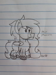 Size: 1932x2576 | Tagged: safe, artist:drheartdoodles, derpibooru import, oc, oc:mamma heart, chibi, clydesdale, female, grayscale, lined paper, long mane, long tail, milf, mini, monochrome, smiling, solo, traditional art