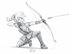 Size: 1400x1050 | Tagged: safe, artist:baron engel, applejack, equestria girls, friendship games, alternate hairstyle, archery, arrow, bow (weapon), clothes, grayscale, monochrome, pencil drawing, simple background, sketch, smiling, solo, traditional art, white background