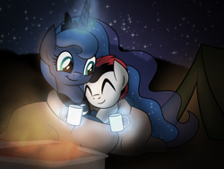 Size: 1024x768 | Tagged: safe, artist:drawponies, princess luna, oc, alicorn, pony, campfire, camping, cuddling, hot chocolate, night, snuggling, stars