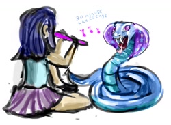 Size: 1280x937 | Tagged: safe, artist:xbi, derpibooru import, trixie, twilight sparkle, cobra, human, snake, 30 minute art challenge, fangs, humanized, sketch, snake charming, species swap