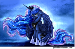 Size: 1940x1270 | Tagged: safe, artist:gela98, princess luna, alicorn, pony, crying, floppy ears, sitting, solo, spread wings