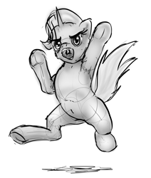 Size: 1446x1708 | Tagged: safe, artist:xbi, derpibooru import, trixie, pony, unicorn, angry, armpits, jumping, monochrome, sketch, solo