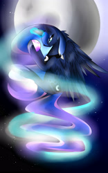 Size: 2500x4000 | Tagged: safe, artist:thedudegamer, princess luna, alicorn, pony, flying, moon, night, solo