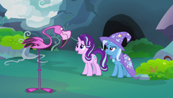 Size: 1280x720 | Tagged: safe, derpibooru import, screencap, starlight glimmer, thorax, trixie, flamingo, pony, unicorn, to change a changeling, disguise, disguised changeling