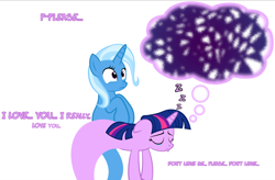 Size: 1024x672 | Tagged: safe, artist:navitaserussirus, derpibooru import, trixie, twilight sparkle, pony, unicorn, asktwixiegenies, breakup, cropped, crying, dream, eyes closed, female, genie, lesbian, mare, nightmare, sad, shipping, simple background, sleeping, species swap, teary eyes, twixie, white background, zzz