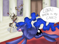 Size: 1890x1417 | Tagged: safe, artist:kot6, kibitz, princess luna, alicorn, pony, .psd available, butler, cake, eyes closed, running, this will end in tears and/or a journey to the moon, tongue out, yelling