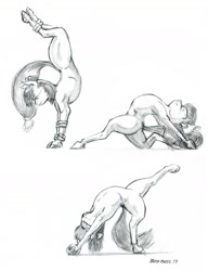 Size: 1100x1431 | Tagged: safe, artist:baron engel, apple bloom, earth pony, pony, armpits, backbend, bridge stretch, eyes closed, female, flexible, grayscale, gymnastics, monochrome, solo, traditional art