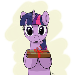 Size: 1549x1614 | Tagged: safe, artist:xn-d, derpibooru import, twilight sparkle, unicorn twilight, pony, unicorn, book, female, gift giving, looking at you, mare, smiling, solo