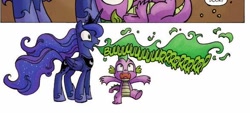 Size: 584x265 | Tagged: safe, princess luna, spike, alicorn, dragon, pony, spoiler:comic, spoiler:comicff14, burp, green fire