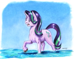 Size: 1400x1130 | Tagged: safe, artist:baron engel, starlight glimmer, pony, unicorn, colored pencil drawing, female, mare, raised hoof, solo, traditional art, unshorn fetlocks, water